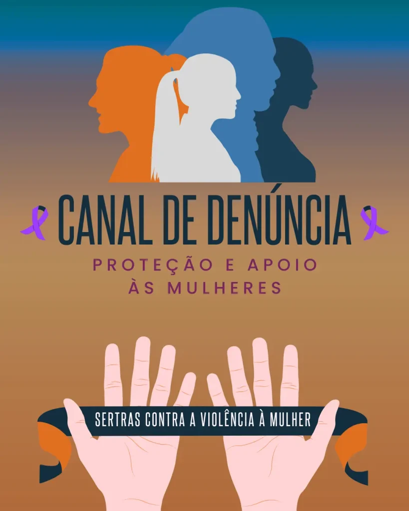 Arte do Canal de Denúncia para proteção e apoio às mulheres, com perfis femininos, laços roxos e mãos levantadas simbolizando pedido de ajuda e combate à violência.